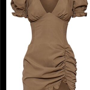 Elegant Brown Ruched Tan Khaki Dress